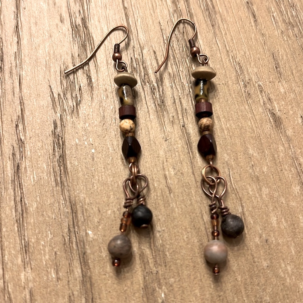 Handmade Bohemian dangle earrings with natural stones in brushed copper finish